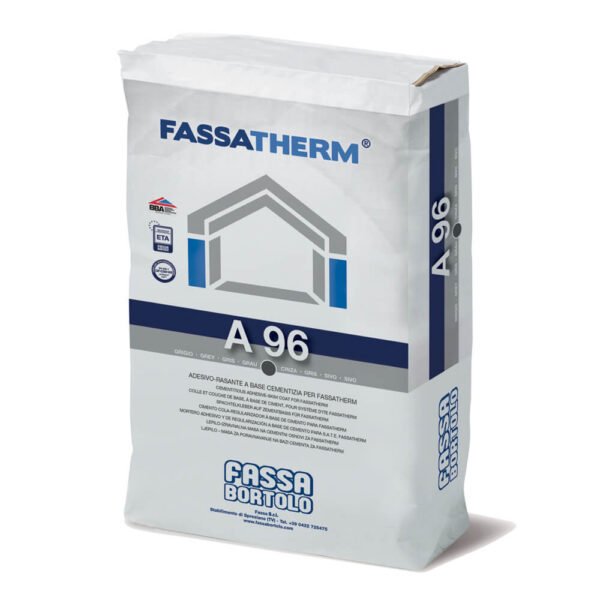 Imagen del adhesivo y mortero cementoso Fassatherm A 96 de 25kg de Fassa Bortolo, ideal para sistemas de aislamiento térmico por el exterior (SATE).