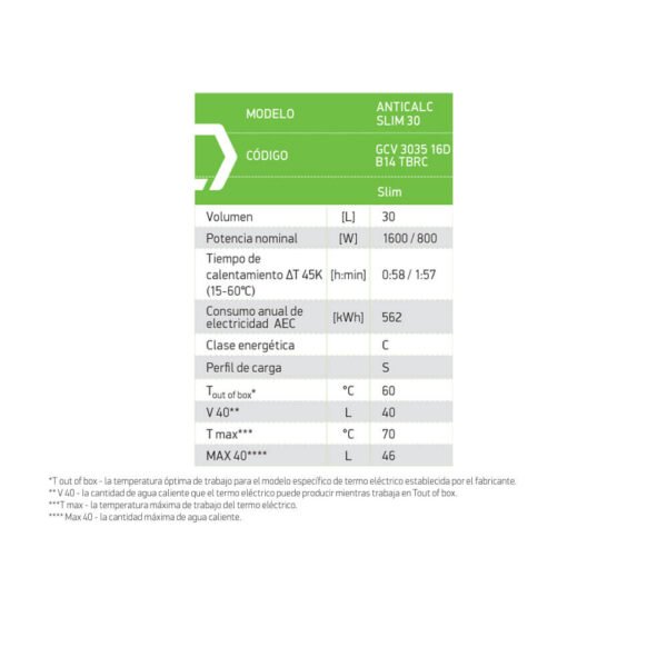 Especificaciones del termo eléctrico TESY modelo Anticalc Slim 30L en Gran Canaria