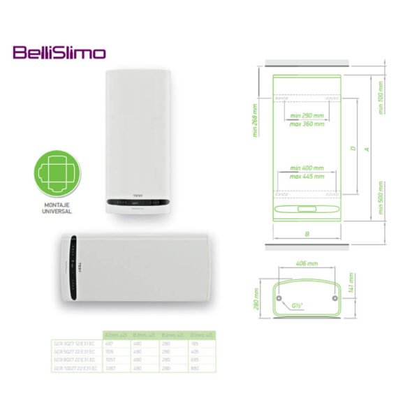 Esquema de dimensiones y montaje del termo eléctrico TESY Bellislimo