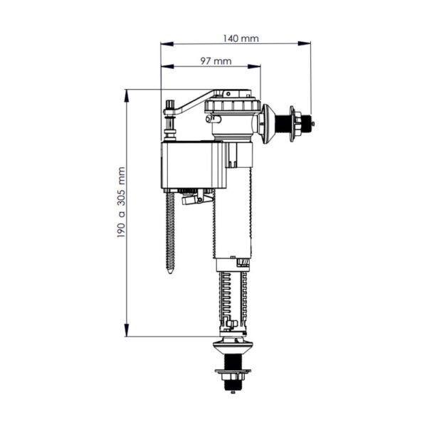 Dibujo técnico de una válvula flotador DUAL compacta para alimentación lateral o inferior con medidas detalladas.