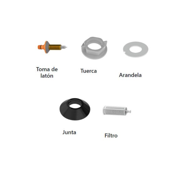 Componentes de la válvula flotador DUAL compacta para alimentación lateral o inferior: Toma de latón, tuerca, arandela, junta y filtro.