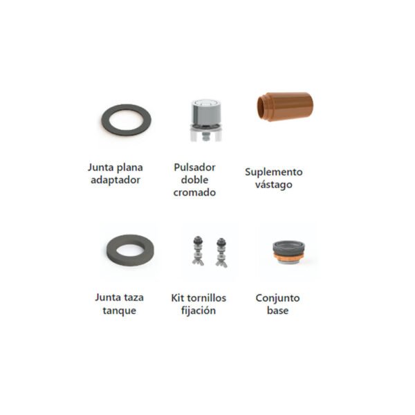 Componentes del mecanismo de descarga universal accionado por cable con doble pulsador, incluyendo junta plana adaptador, pulsador doble cromado, suplemento vástago, junta taza tanque, kit tornillos de fijación y conjunto base.