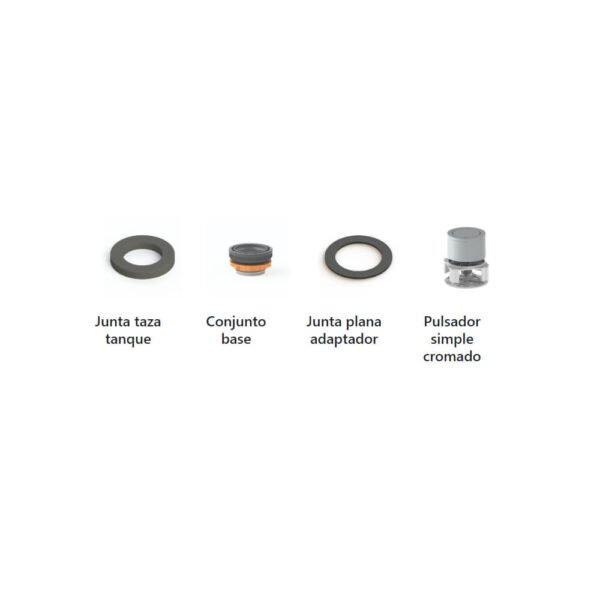 Componentes del mecanismo de descarga interrumpible de simple pulsador para cisternas bajas, incluyendo junta taza tanque, conjunto base, junta plana adaptador y pulsador simple cromado.