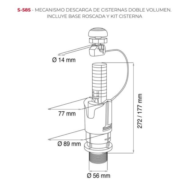 Diagrama del mecanismo de descarga de cisternas doble volumen S-585, incluye base roscada y kit cisterna. Se muestran las medidas de las distintas partes del mecanismo.