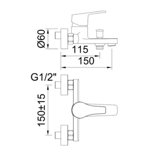 Diagrama técnico del grifo monomando para baño y ducha modelo Go, con medidas específicas para la instalación, incluyendo las dimensiones de la conexión y el espacio requerido.