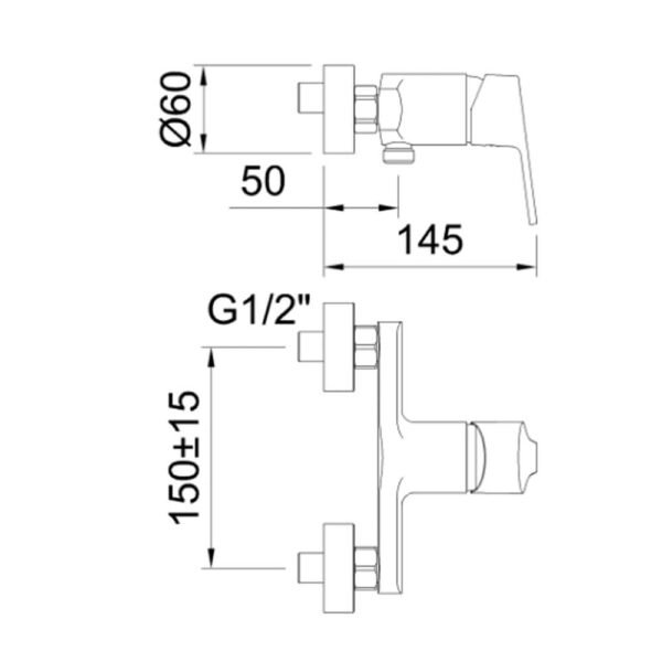 Diagrama técnico con las dimensiones detalladas del grifo de ducha monomando Go, mostrando medidas y especificaciones para su instalación.