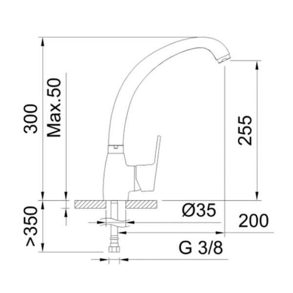 Dibujo técnico de un grifo de cocina monomando con caño en forma de tubo, modelo Go, con medidas detalladas para la instalación.