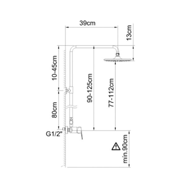 Diagrama técnico del conjunto de ducha monomando extensible Go! mostrando las dimensiones y especificaciones para la instalación en la pared.