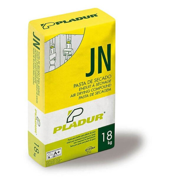 Imagen de la Pasta Pladur® JN de 18kg en su saco amarillo y verde, utilizada para el tratamiento de juntas en sistemas de placas de yeso laminado.