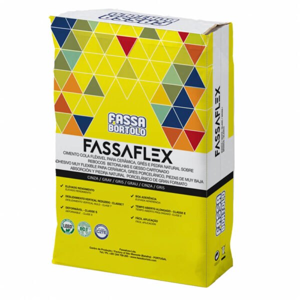 Imagen del adhesivo flexible Fassaflex de 25kg en su saco amarillo y multicolor, ideal para la colocación de cerámica, gres y piedra natural en interiores y exteriores.