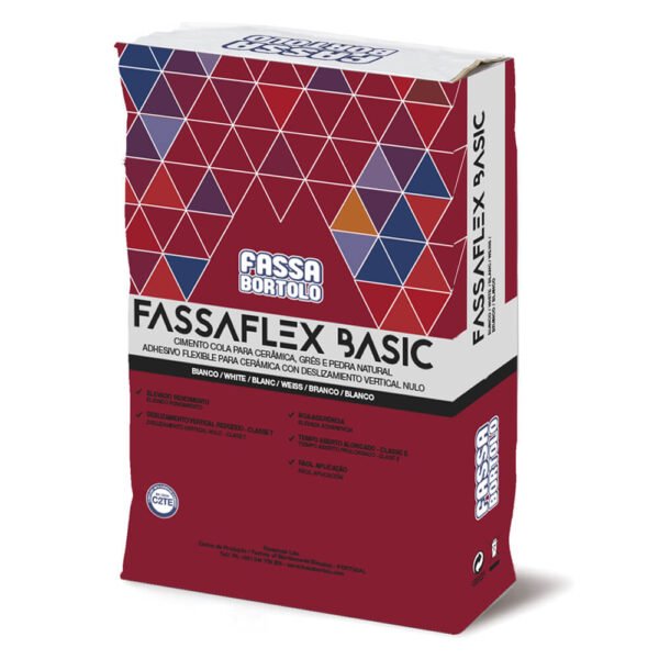 Imagen del adhesivo flexible Fassaflex Basic de 25kg en su saco rojo y multicolor, ideal para la colocación de cerámica, gres y piedra natural en interiores y exteriores.