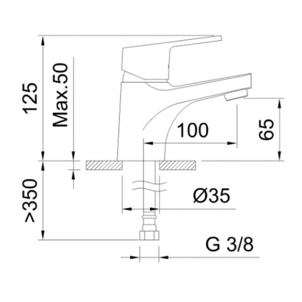 Diagrama técnico de un grifo monomando para lavabo 65mm.