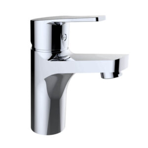 Grifo monomando de lavabo con acabado cromado, diseño cilíndrico moderno y palanca plana superior para controlar la temperatura y el flujo de agua.
