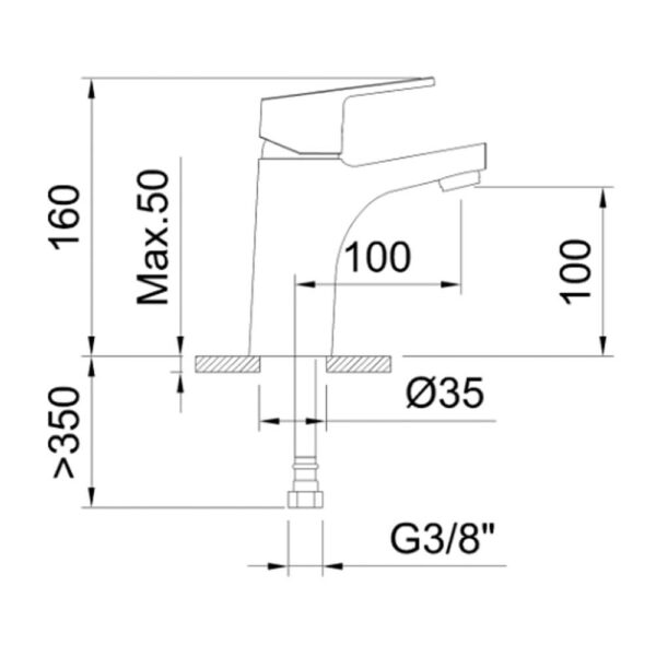 Diagrama técnico del grifo monomando de lavabo modelo 100 GO! con medidas detalladas.