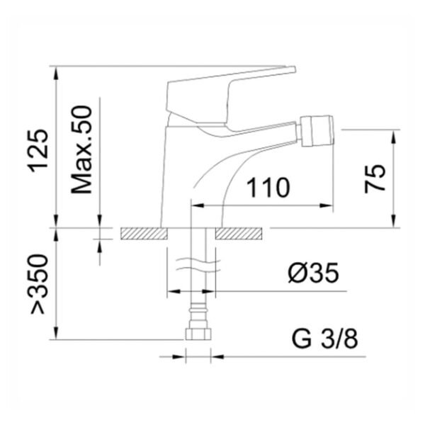 Dibujo técnico de un grifo de bidé monomando de 75 mm, modelo Go, mostrando sus dimensiones y especificaciones de instalación.