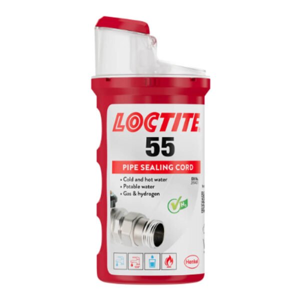 Envase rojo de Hilo Sellador de Tuberías (teflón) LOCTITE® 55, diseñado para sellar uniones en sistemas de tuberías de agua potable, agua fría y caliente, gas e hidrógeno.