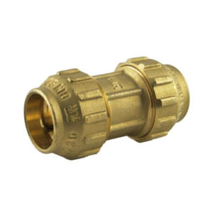 Enlace recto de latón de 25 mm para tuberías, con dos extremos roscados para conexión firme y segura.