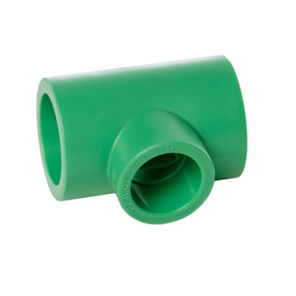 Conector en forma de T reducido de PPR en color verde. Ideal para instalaciones de tuberías en sistemas de agua y calefacción. Alta resistencia y durabilidad.