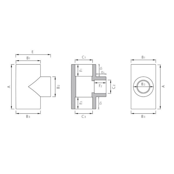 Plano técnico del conector en forma de T (tee)reducido de PPR