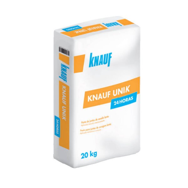 Saco de Pasta de Juntas Knauf UniK 24H de 20 kg Pasta de Juntas Knauf UniK 24H en saco de 20 kg, ideal para el sellado de juntas en placas de yeso laminado. Tiempo de secado de 24 horas, garantizando un acabado perfecto en proyectos de construcción y renovación.