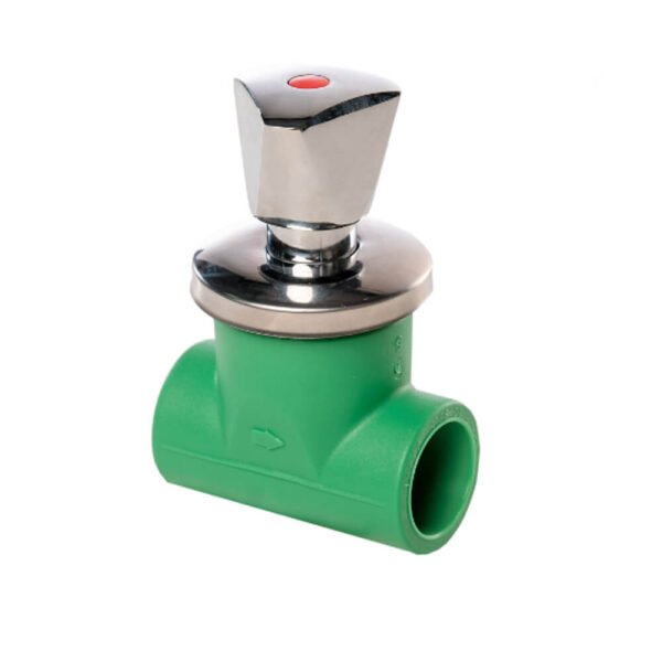 Válvula de esfera PP-R verde con mando metálico cromado, ideal para instalaciones de fontanería en Gran Canaria.