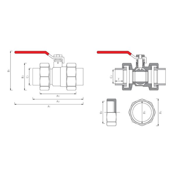 Esquema técnico de válvula de esfera PP-R con medidas de instalación y dimensiones de la maneta y conexiones.