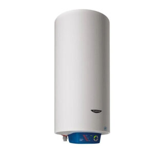 Termo eléctrico Fleck Nilo de 50 litros en vista frontal sobre fondo blanco. El calentador de agua tiene diseño cilíndrico vertical en color blanco y cuenta con un panel de control electrónico en color azul ubicado en la parte inferior. El control permite la regulación de temperatura y ajustes personalizados. Se observa también la salida de agua en la parte inferior del equipo.