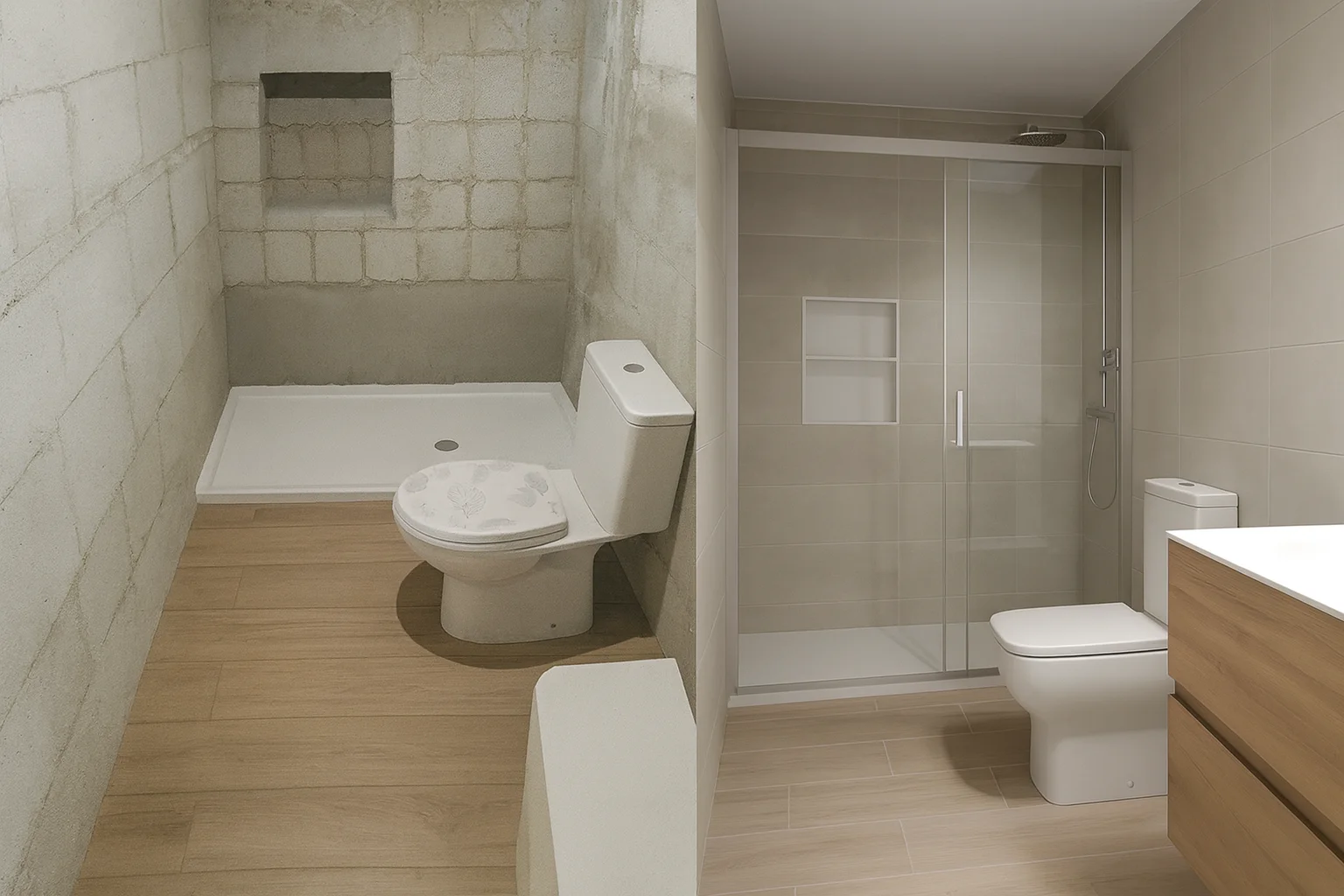 Comparativa del antes y después de una reforma de baño, con cambio completo de revestimientos, sanitarios y ducha con mampara. Foto propiedad de Vigasa.