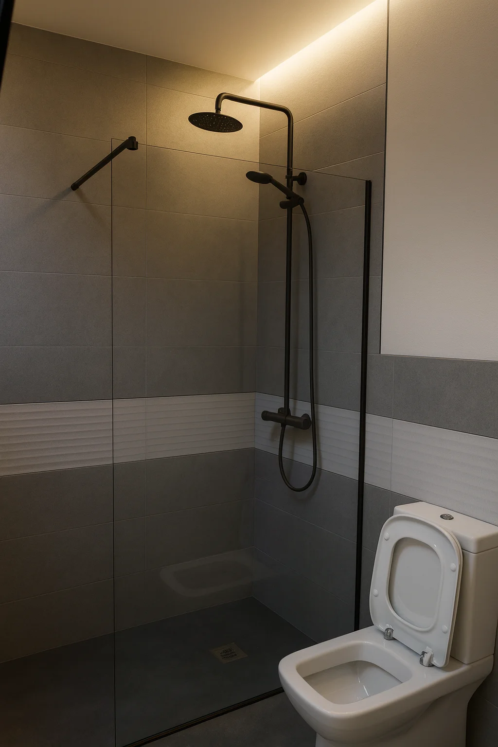 Reforma-de-bano-con-ducha-moderna_gris Baño en proceso de reforma con mueble de madera, lavabo sobre encimera, ducha con efecto lluvia y revestimientos cerámicos tipo madera. Foto propiedad de Vigasa