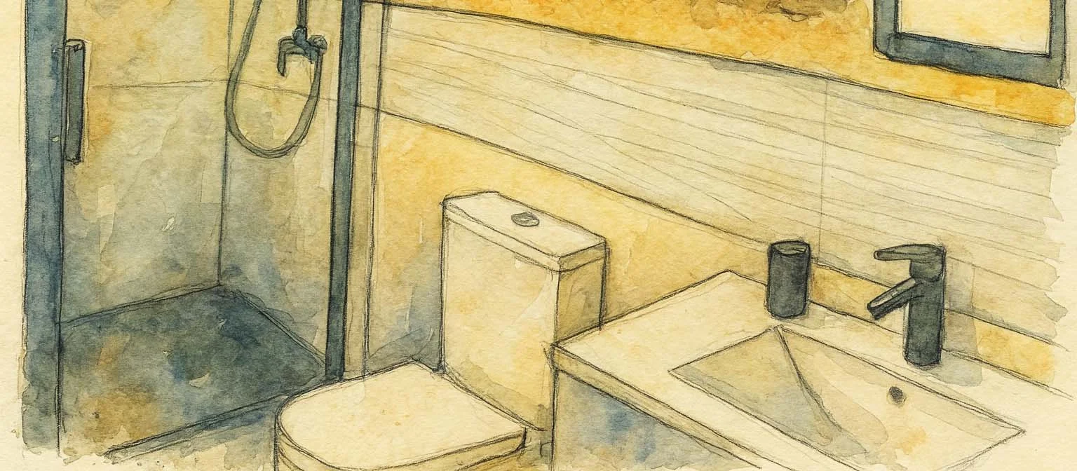 Reforma-de-bano-moderna-Empresas-de-reformas-cerca-mi Baño reformado con pared de piedra natural, ducha con mampara de vidrio, sanitarios blancos y grifería negra. Proyecto moderno y funcional. Foto propiedad de Vigasa.