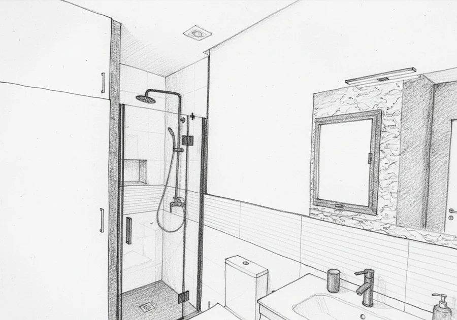 Dibujo en lápiz de un baño moderno con ducha de cristal, grifería negra, inodoro, lavabo con mueble y espejo con marco decorativo. Ilustración de reforma de baño en Las Palmas.
