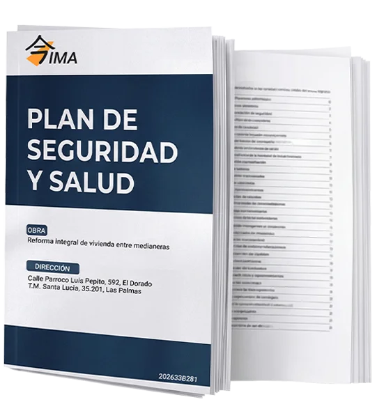 Planes de seguridad y salud en obra en Las Palmas – Documentación técnica para construcción segura En la imagen se observa un documento técnico titulado “Plan de Seguridad y Salud” correspondiente a una obra de reforma integral de vivienda entre medianeras. El documento está encuadernado y presenta un diseño profesional con portada en tonos azul y blanco, incluyendo datos de la obra y dirección en Las Palmas. Representa planes de seguridad y salud en obra necesarios para la gestión preventiva en proyectos de construcción.