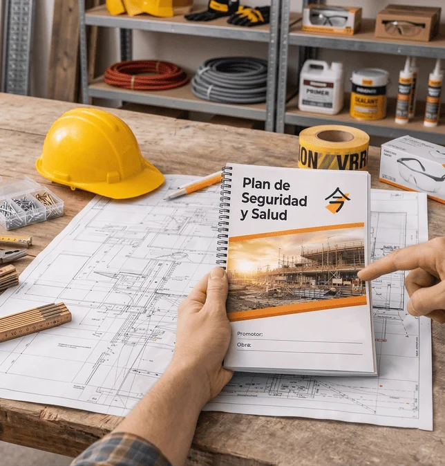 Plan de seguridad y salud en obra con planos y herramientas de construcción – prevención de riesgos laborales En la imagen se observa un plan de seguridad y salud en obra sobre una mesa de trabajo de construcción, acompañado de planos técnicos, herramientas manuales, cinta métrica, tornillos y un casco de seguridad amarillo. Una persona sostiene el documento mientras señala su contenido, representando la gestión de prevención de riesgos laborales en proyectos de edificación.