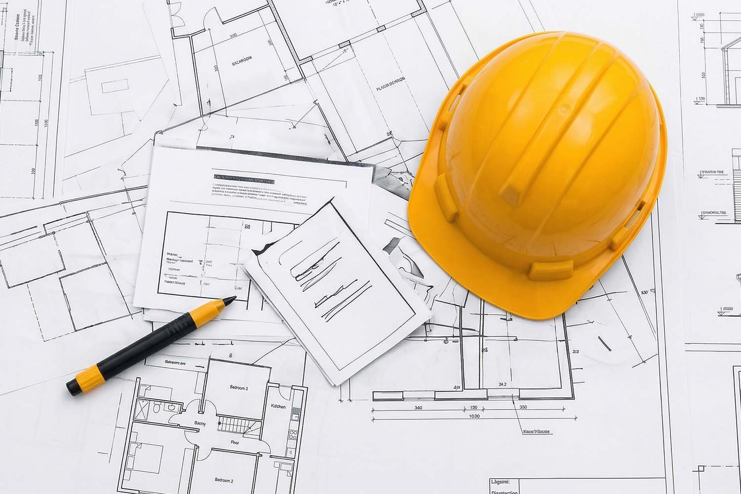 Anexos de planes de seguridad y salud en obra con planos y casco de seguridad en construcción En la imagen se observa un conjunto de planos arquitectónicos extendidos sobre una superficie de trabajo, acompañados de un casco de seguridad amarillo, un bolígrafo y documentos técnicos. Representa la documentación y anexos de planes de seguridad y salud en obra, utilizados para la planificación, control y prevención de riesgos laborales en proyectos de construcción.
