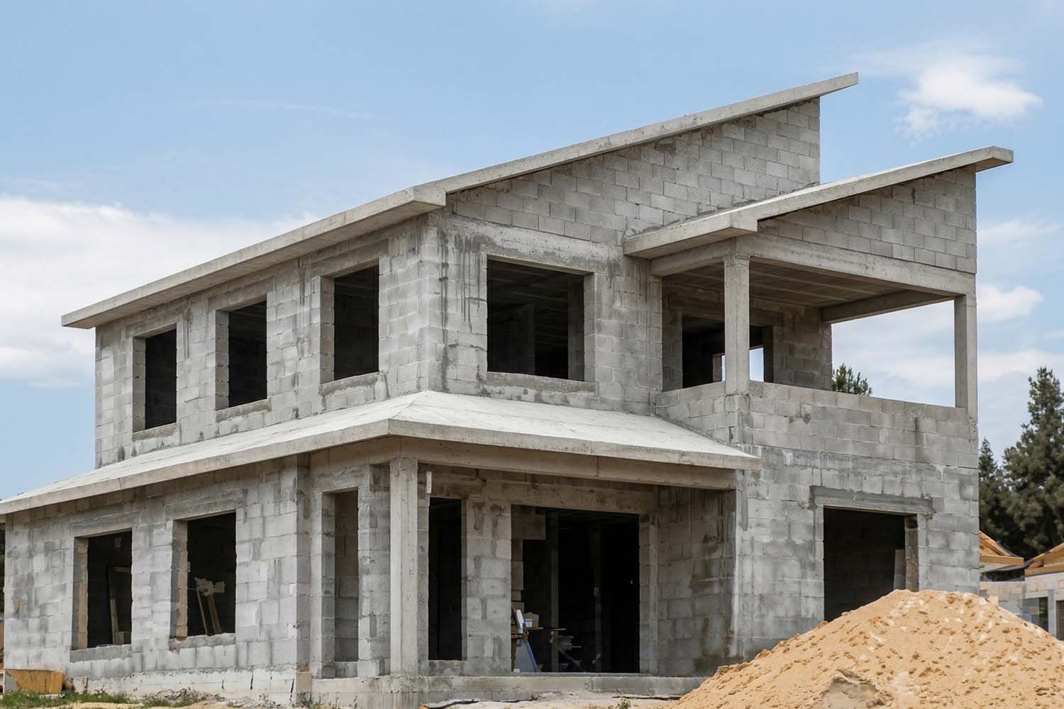 Obra nueva de vivienda unifamiliar con medidas de seguridad en obra y estructura de hormigón En la imagen se observa una vivienda unifamiliar en fase de obra nueva, construida con bloques de hormigón y estructura de forjados, aún sin acabados. La edificación presenta dos plantas, con huecos para ventanas y puertas, y un entorno de obra con acopio de materiales. El proyecto refleja la aplicación de medidas de seguridad en obra durante la fase estructural.